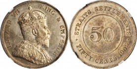 STRAITS SETTLEMENTS

STRAITS SETTLEMENTS. 50 Cents, 1905-B. Bombay Mint. NGC MS-61.

KM-23; Tan-SSC31. Raised mintmark variety. A well struck mino...
