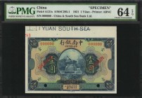 CHINA--REPUBLIC

(t) CHINA--REPUBLIC. The China & South Sea Bank Limited. 1 Yuan, 1921. P-A121s. Specimen. PMG Choice Uncirculated 64 EPQ.

(S/M#C...