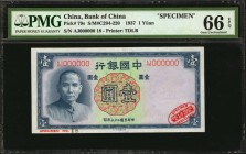 CHINA--REPUBLIC

CHINA--REPUBLIC. Bank of China. 1 Yuan, 1937. P-79s. Specimen. PMG Gem Uncirculated 66 EPQ.

(S/M#C294-220). Printed by TDLR. Spe...