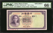CHINA--REPUBLIC

CHINA--REPUBLIC. Bank of China. 5 Yuan, 1937. P-80s. Specimen. PMG Gem Uncirculated 66 EPQ.

(S/M#C294-221). Printed by TDLR. Wat...