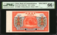 CHINA--REPUBLIC

(t) CHINA--REPUBLIC. Bank of Communications. 1 Dollar, 1913. P-110s. Specimen. PMG Gem Uncirculated 66 EPQ.

(S/M#C126). Printed ...