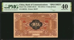 CHINA--REPUBLIC

(t) CHINA--REPUBLIC. Bank of Communications. 5 Choh (Chiao), ND (1914). P-115s. Specimen. PMG Extremely Fine 40.

(S/M#C126-54). ...