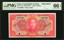 CHINA--REPUBLIC

(t) CHINA--REPUBLIC. Central Bank of China. 5 Dollars, 1923. P-174s. Specimen. PMG Gem Uncirculated 66 EPQ.

(S/M#C305-7). Printe...