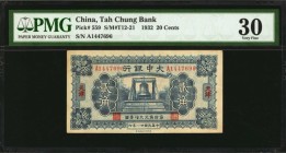 CHINA--REPUBLIC

CHINA--REPUBLIC. Tah Chung Bank. 20 Cents, 1932. P-559. PMG Very Fine 30.

(S/M#T12-21). Printed in dark blue ink with bell at ce...