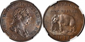 CEYLON

CEYLON. Stiver, 1815. NGC MS-63 Brown.

KM-81. An attractive coin with glossy, lustrous surfaces, razor-sharp strike, and dark brown patin...