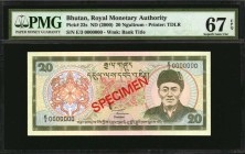 BHUTAN

BHUTAN. Royal Monetary Authority of Bhutan. 20 Ngultrum, ND (2000). P-23s. Specimen. PMG Superb Gem Uncirculated 67 EPQ.

Printed by TDLR....