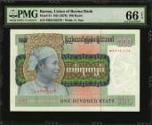 BURMA

BURMA. Union of Burma Bank. 100 Kyats, ND (1976). P-61. PMG Gem Uncirculated 66 EPQ.

A lovely Gem example of thus Burmese 100 Kyats note....