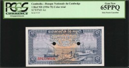 CAMBODIA

CAMBODIA. Banque Nationale du Cambodge. 1 Riel, ND (1956-75). P-4ct. Color Trial. PCGS Currency Gem New 65 PPQ.

Hole punch cancelled. C...