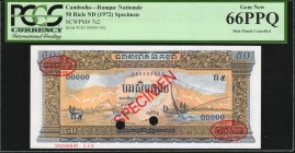 CAMBODIA

CAMBODIA. Banque Nationale du Cambodge. 50 Riels, ND (1972). P-7s2. Specimen. PCGS Currency Gem New 66 PPQ.

Hole punch cancelled. Red s...
