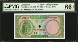 CAMBODIA

CAMBODIA. Banque Nationale du Cambodge. 5 Riels, ND (1962-75). P-10cts. Color Trial Specimen. PMG Gem Uncirculated 66 EPQ.

Printed by B...