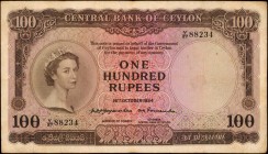 CEYLON

CEYLON. Central Bank of Ceylon. 100 Rupees, 1954. P-53a. Very Fine.

A Very Fine example of this 100 Rupees QEII note. Spots, toning, an i...