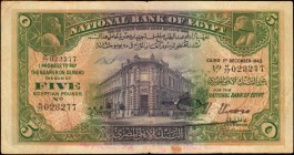 EGYPT

EGYPT. National Bank of Egypt. 5 Pounds, 1943. P-19c. Very Fine.

National bank building seen at center, with a Mausoleum on the back. Anno...