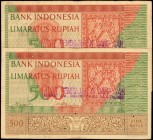 INDONESIA

INDONESIA. Bank Indonesia. 500 Rupiah, 1952. P-47. Fine.

2 pieces in lot. A duo of 500 Rupiah notes, which are both found in Fine grad...