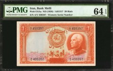IRAN

IRAN. Bank Melli. 20 Rials, ND (1938). P-34Aa. PMG Choice Uncirculated 64 EPQ.

Western serial number. Dark orange ink stands out on this ne...