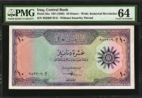 IRAQ

IRAQ. Central Bank. 10 Dinars, ND (1959). P-55a. PMG Choice Uncirculated 64.

Without security thread. Watermark of immortal revolution. Nea...