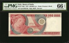 ITALY

ITALY. Banca D'Italia. 100,000 Lire, 1978. P-108a. PMG Gem Uncirculated 66 EPQ.

Printed signatures of Baffi-Stevani. Watermark of woman's ...