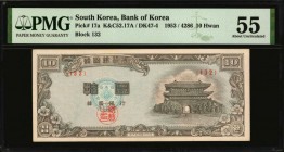KOREA, SOUTH

KOREA, SOUTH. Bank of Korea. 10 Hwan, 1953. P-17a. PMG About Uncirculated 55.

Block 132. Found with a light gray design on the face...