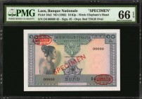 LAOS

LAOS. Banque Nationale. 10 Kip, ND (1962). P-10s2. Specimen. PMG Gem Uncirculated 66 EPQ.

Watermark of elephant's head. Signature #5. Red T...