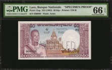 LAOS

LAOS. Banque Nationale. 50 Kip, ND (1963). P-12sp. Specimen Proof. PMG Gem Uncirculated 66 EPQ.

Printed by TDLR. Watermark of arms. "Cancel...