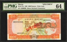 MACAU

MACAU. Banco Nacional Ultramarino. 1000 Patacas, 1999. P-75s. Specimen. PMG Choice Uncirculated 64.

Watermark of Junk. Red Specimen overpr...