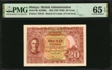 MALAYA

MALAYA. Board of Commissioners of Currency. 20 Cents, 1941 (ND 1945). P-9b. PMG Gem Uncirculated 65 EPQ.

Printed by TDLR. Lovely Gem qual...