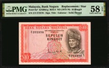 MALAYSIA

MALAYSIA. Bank Negara. 10 Ringgit, ND (1972-76). P-9a*. Replacement. PMG Choice About Uncirculated 58 EPQ.

Signature title Gabenur. Sol...
