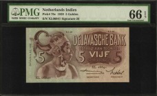 NETHERLANDS INDIES

NETHERLANDS INDIES. De Javasche Bank. 5 Gulden, 1939. P-78c. PMG Gem Uncirculated 66 EPQ.

Signature 26. A lovely Gem example ...