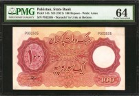PAKISTAN

PAKISTAN. State Bank. 100 Rupees, ND (1951). P-14b. PMG Choice Uncirculated 64.

"Karachi" in Urdu at Bottom. Watermark of Arms. Nearly ...