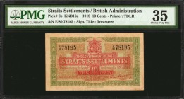 STRAITS SETTLEMENTS

STRAITS SETTLEMENTS. Government of the Straits Settlements. 10 Cents, 1919. P-8b. PMG Choice Very Fine 35.

Printed by TDLR. ...