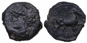 221-210 aC. Mundo Antiguo. Zeugitania. Ceca hispana. 1/2 Calco. Muller 255. Ae. Cabeza de Marte /Caballo a derecha. Escasa. MBC-. Est.100.