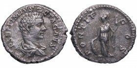 207 dC. Geta. Roma. Denario. RIC-34. Ag. Busto drapeado a derecha /Minerva a izquierda con escudo y lanza; PONTIF.COS. MBC+. Est.50.