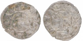 1158-1214. Alfonso VIII (1158-1214). Taller itinerante. Dinero de Vellón . Mozo A8:34.12. Ve. Busto de rey de perfil a izquierda sin coronar. Leyenda:...