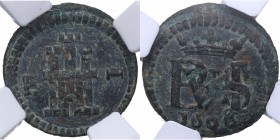1606. Felipe III (1598-1621). Segovia. 1 Maravedí. Cal-861. Cu. 1,60 g. Encapsulada por NN Coins (nº 2762876-027) como XF 45. EBC. Est.90.