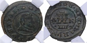 1663. Felipe IV (1621-1665). Granada. 4 maravedís. N. Cal 1374. Cu. Certificada por NN Coins como XF45 nº 2762876-032. Error en leyenda del reverso HI...