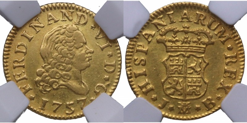 1757. Fernando VI (1746-1759). Madrid. 1/2 escudo. JB. Cal 255b. Au. 1,77 g. Cer...
