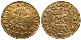 1759. Fernando VI (1746-1759). Madrid. 1/2 escudo. J. Au. 1,61 g. EBC-. Est.110.