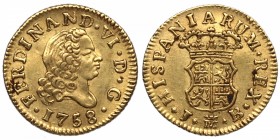 1758. Fernando VI (1746-1759). Madrid. 1/2 escudo. JB. Au. 1,80 g. EBC. Est.200.