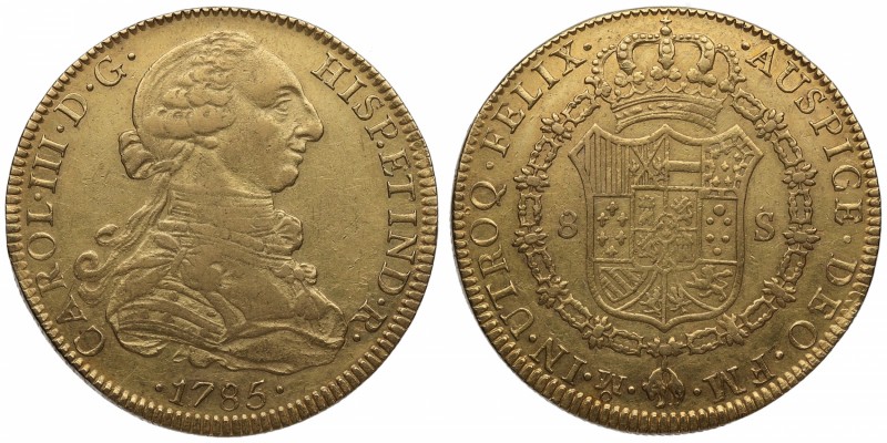 1785. Carlos III (1759-1788). México. 8 escudos. FM. Au. Ceca y ensayador invert...