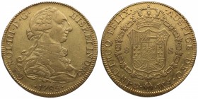 1785. Carlos III (1759-1788). México. 8 escudos. FM. Au. Ceca y ensayador invertidos. EBC- / MBC+. Est.1400.