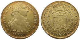 1791. Carlos IV (1788-1808). Lima. 8 escudos. IJ. Au. Atractiva. Brillo original. Insignificantes rayitas de ajuste de cuño en anverso. EBC. Est.1550....