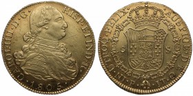 1805. Carlos IV (1788-1808). Popayán. 8 escudos. JT. Au. Brillo original. Insignificante grafitti en aspa delante del busto. (EBC). Est.1400.