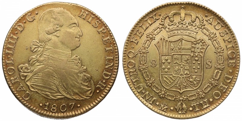 1807. Carlos IV (1788-1808). México. 8 escudos. TH. Au. Atractiva. Brillo origin...