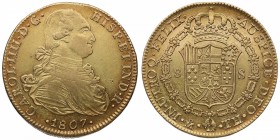 1807. Carlos IV (1788-1808). México. 8 escudos. TH. Au. Atractiva. Brillo original. Bonito color. EBC. Est.1550.
