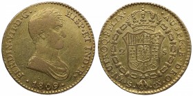 1809. Fernando VII (1808-1833). Sevilla. 2 escudos. CN. Au. RARA. MBC. Est.650.