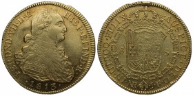 1813. Fernando VII (1808-1833). Nuevo Reino. 8 escudos. JF. Au. Hojita en anverso. Dos golpecitos y rebaba en reverso. EBC- / MBC. Est.1400.