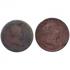 1858. Isabel II (1833-1868). Barcelona y Segovia. Lote de dos monedas: 2 maravedís y 10 céntimos de Real. Cu. BC. Est.15.