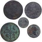 1843, 1844, 1866 , 1867 y 1788. Isabel II (1833-1868) y Carlos III (1759-1788). Jubia (2), Sevilla (2) y Segovia. Lote de 5 monedas: 8 maravedís (2), ...