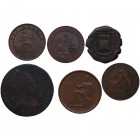 1846. Isabel II (1833-1868). Madrid. Lote de 6 monedas: 8 maravedís (1), 2 céntimos 1870 (3), 50 céntimos 1937 (1) y 2 maravedís Carlos II. Ae. BC a M...