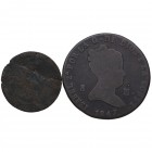 1847 y 1870. Isabel II (1833-1868) y Gobierno Provisional. Segovia y Barcelona. Lote de dos monedas: 8 maravedís y 2 céntimos. Cu. BC. Est.15.