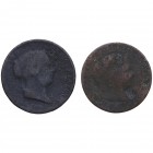 ¿? y 1868. Isabel II (1833-1868). Segovia y Jubia. Lote de dos monedas: 25 céntimos de Real y 2 y 1/2 céntimos de Escudo. Cu. BC. Est.15.